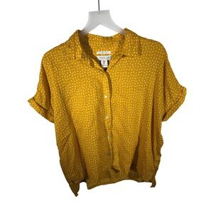 Rachel Zoe Mustard Yellow Polka Dot 100% Linen Short Sleeve Button Down Shirt M